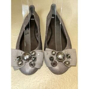 Coach Poppy Caper Ballet Flats Pewter Metallic Jeweled Bow Leather Size 8* EUC
